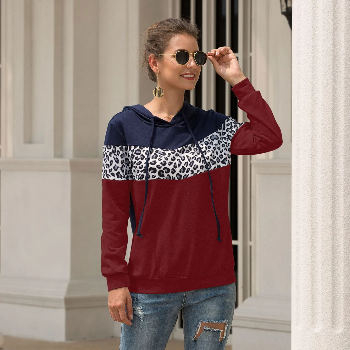 2019 autumn and winter new women's  jacket with hooded shirt hot leopard stitching hooded drawstring women