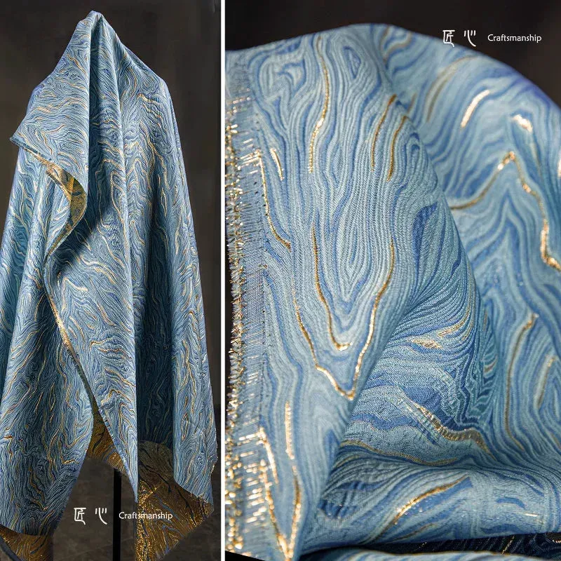 Blue Gold Twill Jacquard Fabric for Dress