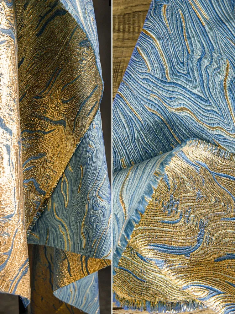 Blue Gold Twill Jacquard Fabric for Dress