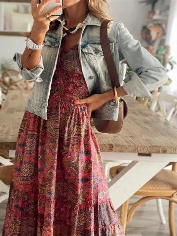 Boho Chic Floral Maxi Dress with Waist Tie