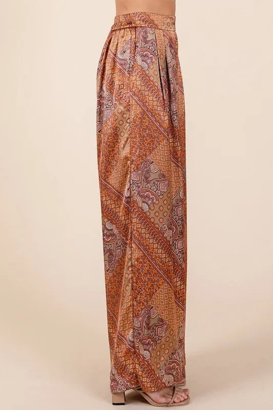 Brown Paisley Patchwork Satin Wide Leg Pants