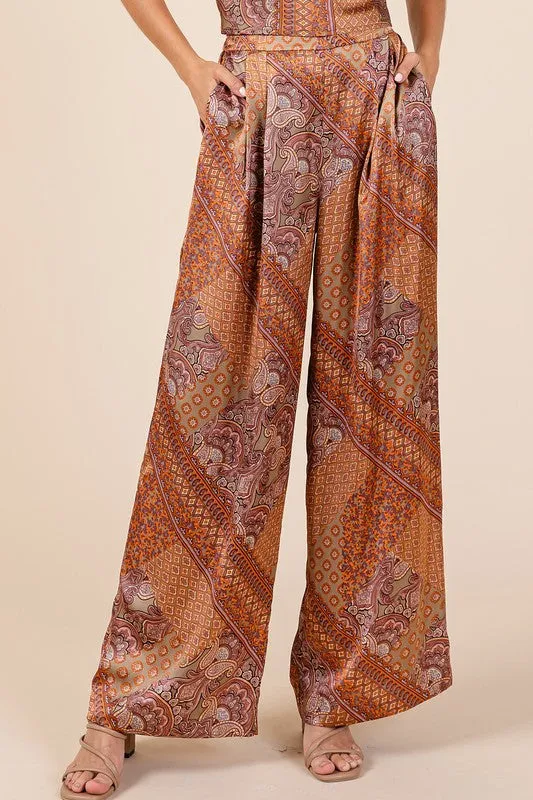 Brown Paisley Patchwork Satin Wide Leg Pants