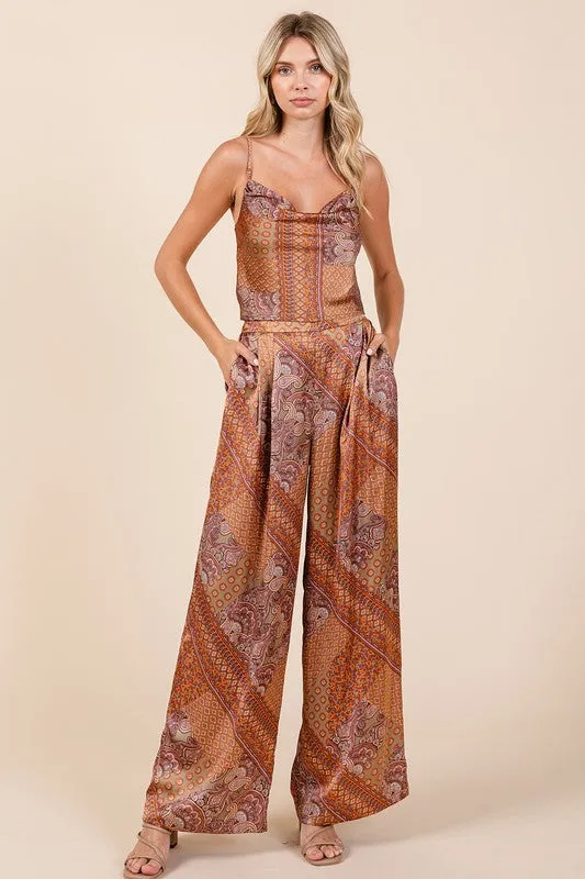 Brown Paisley Patchwork Satin Wide Leg Pants