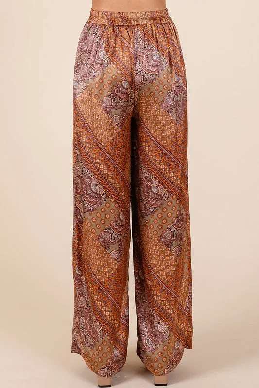 Brown Paisley Patchwork Satin Wide Leg Pants