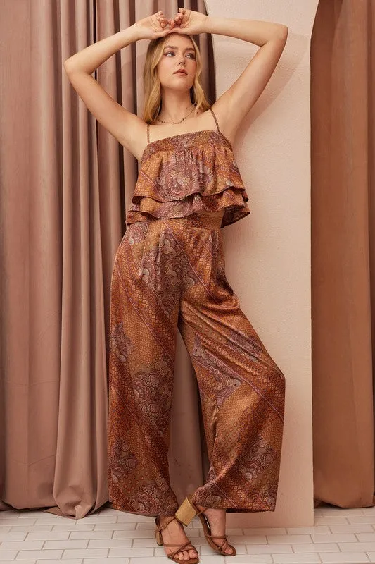 Brown Paisley Patchwork Satin Wide Leg Pants
