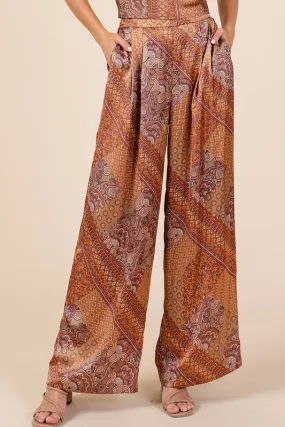Brown Paisley Patchwork Satin Wide Leg Pants