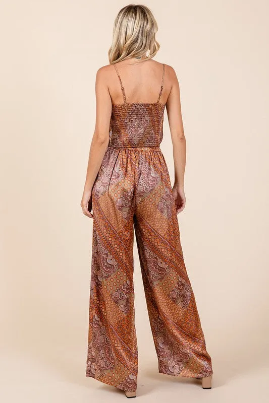 Brown Paisley Patchwork Satin Wide Leg Pants