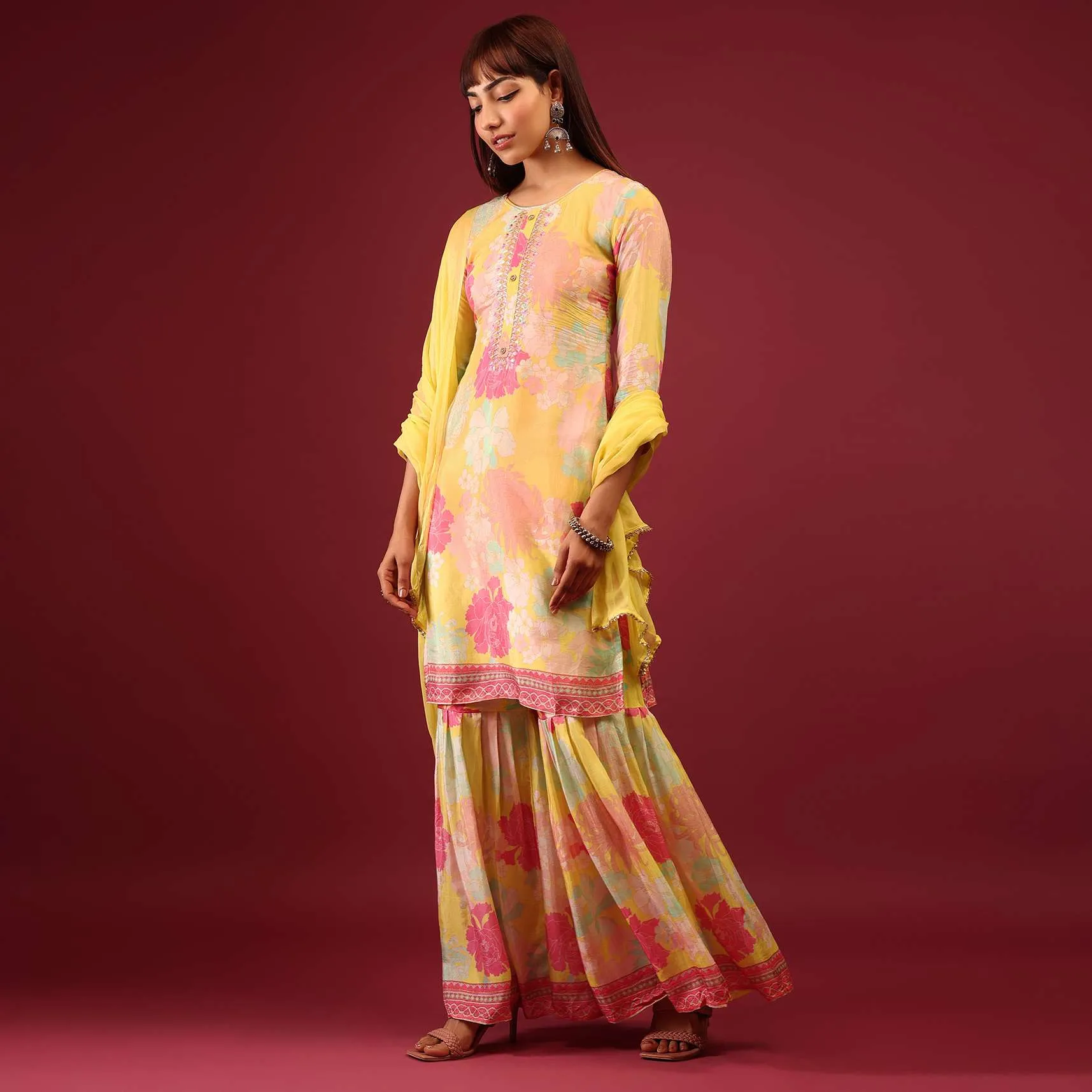 Daffodil Yellow Floral Print Sharara Suit With Flowy Sharara Palazzo In Thread Embroidery