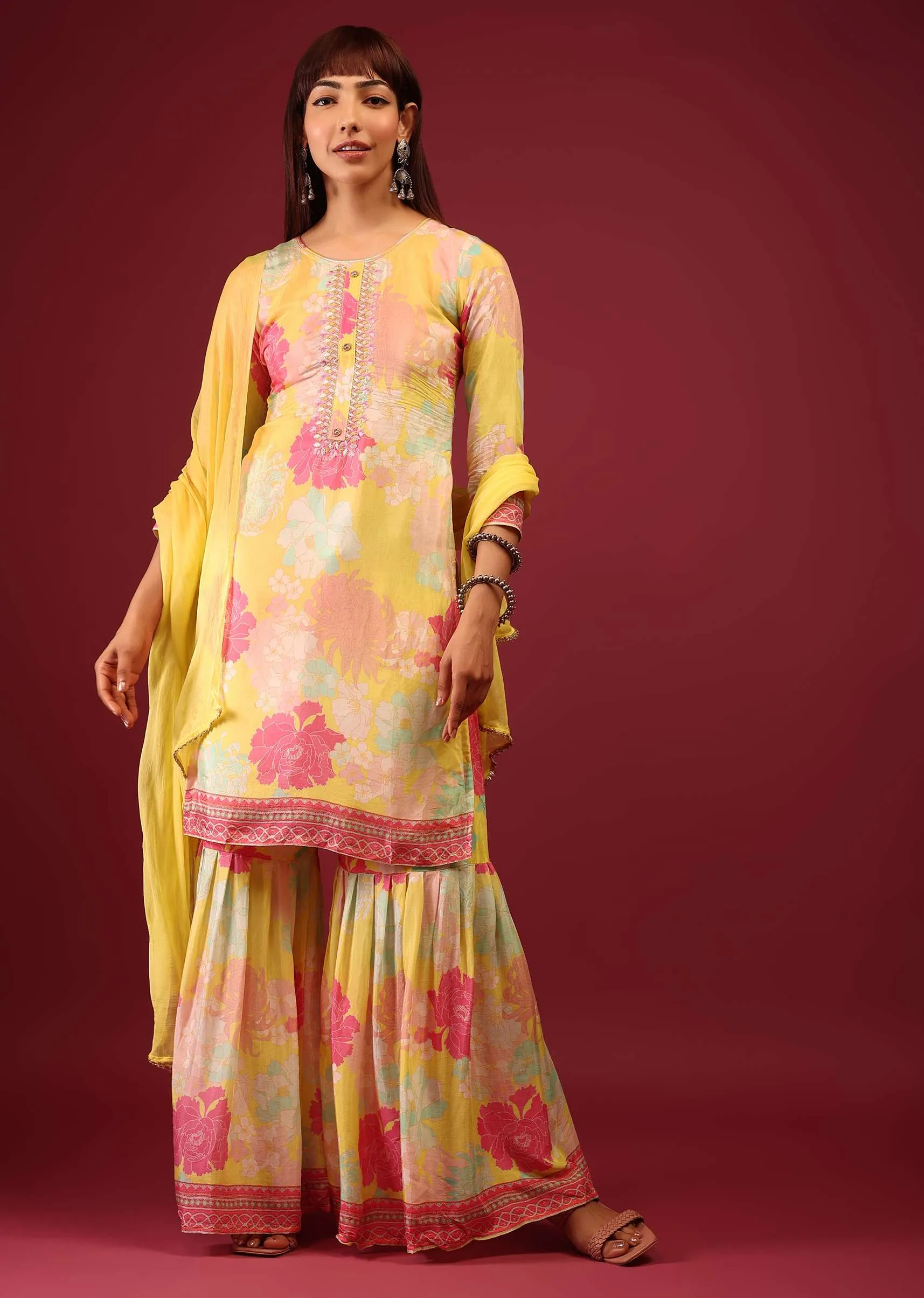 Daffodil Yellow Floral Print Sharara Suit With Flowy Sharara Palazzo In Thread Embroidery