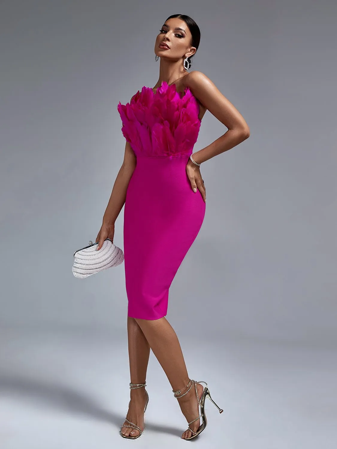 Feathered Chic Midi Party Dress