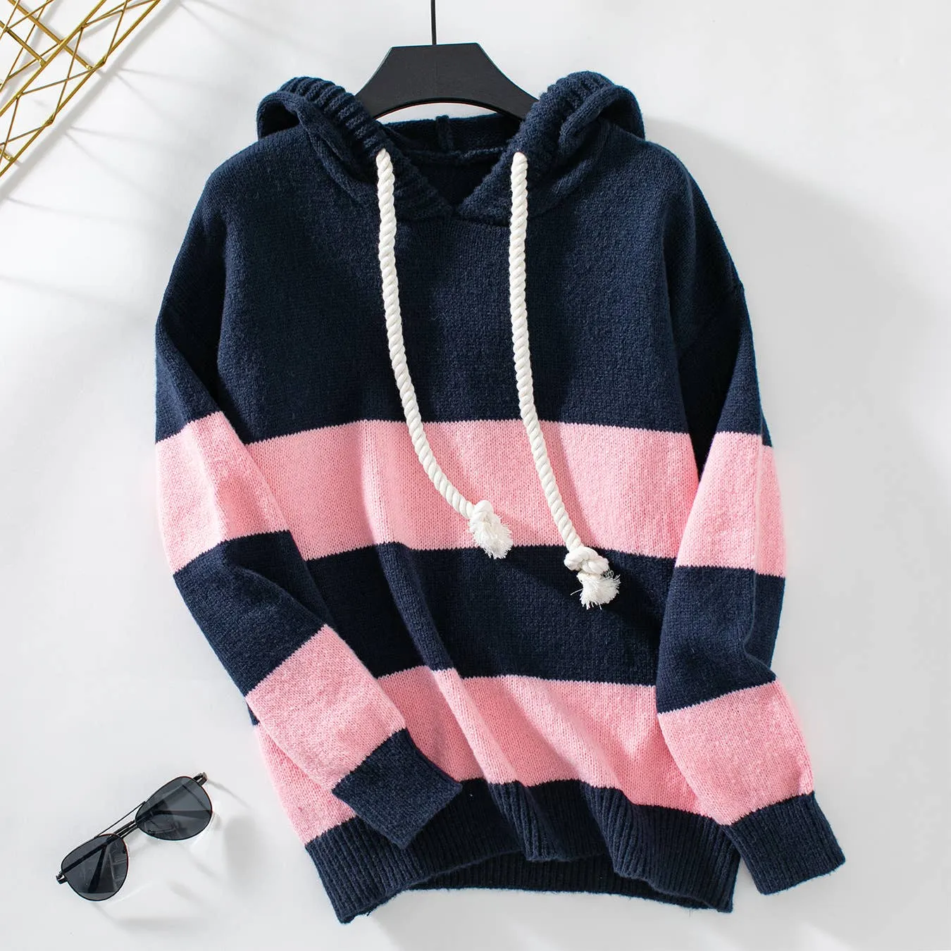 Hooded Contrasting Loose Casual Knit Sweater