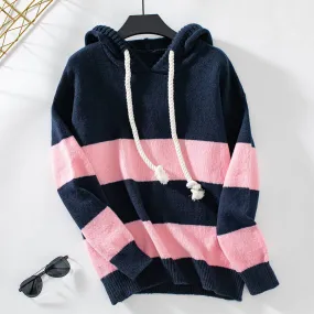Hooded Contrasting Loose Casual Knit Sweater