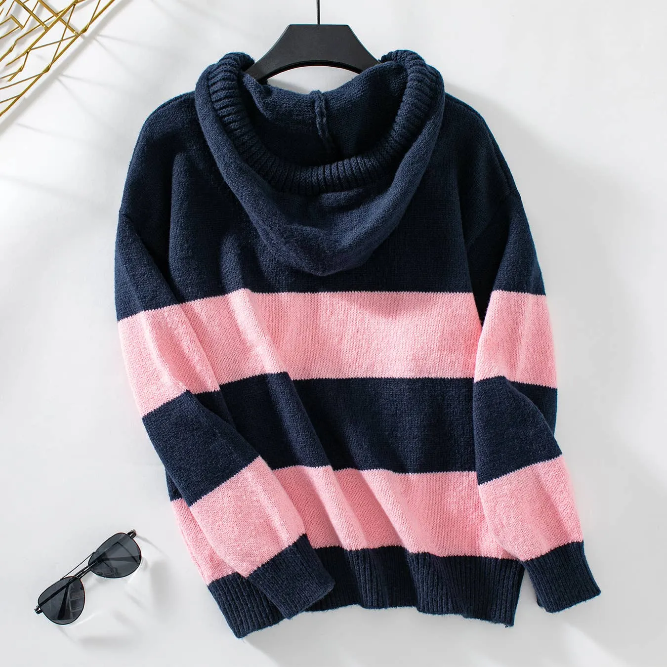 Hooded Contrasting Loose Casual Knit Sweater