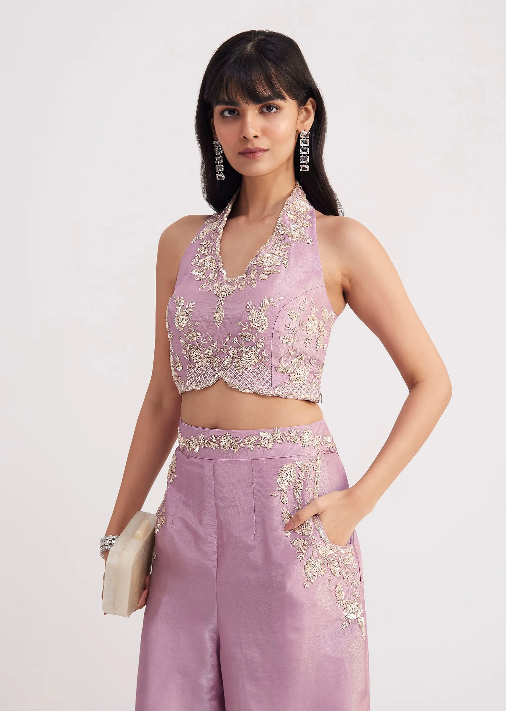 Lavender Tissue Crop Top And Palazzo Set