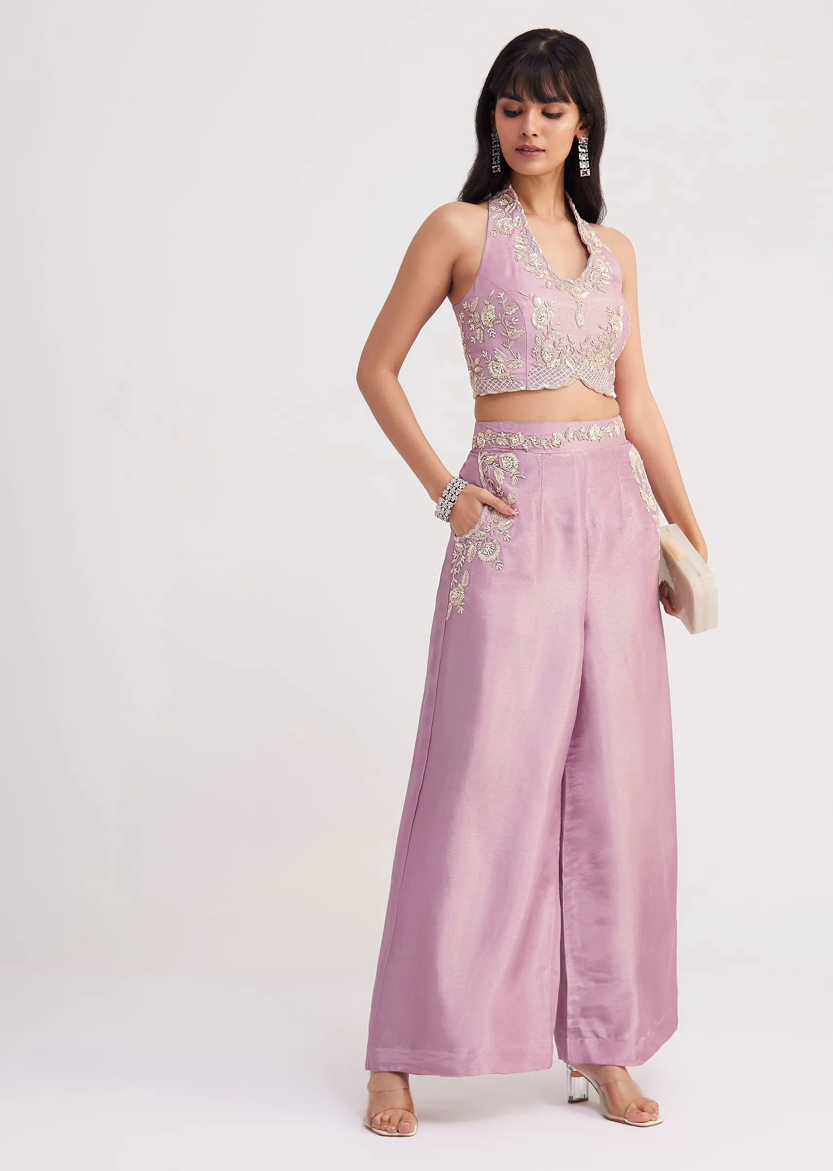 Lavender Tissue Crop Top And Palazzo Set