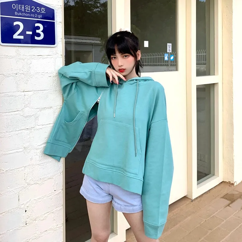 Lovely Side Zipper Loose Hoodies With Pocket