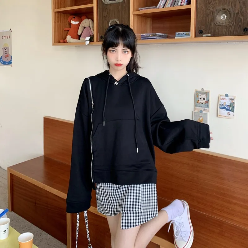 Lovely Side Zipper Loose Hoodies With Pocket