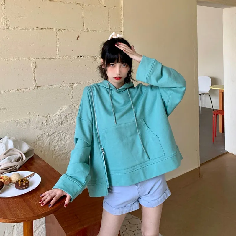 Lovely Side Zipper Loose Hoodies With Pocket