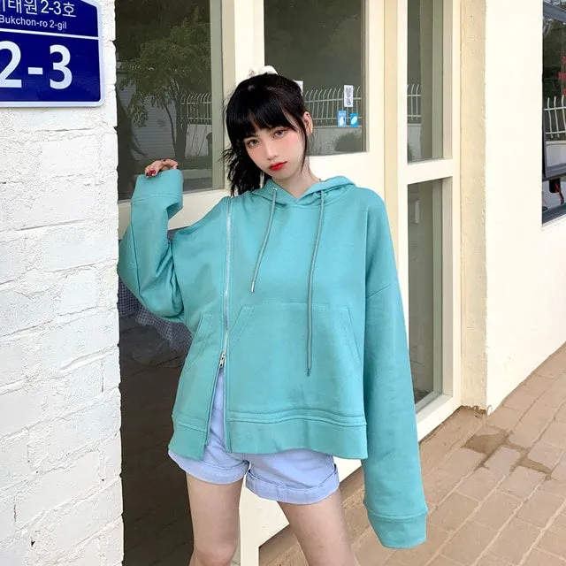 Lovely Side Zipper Loose Hoodies With Pocket