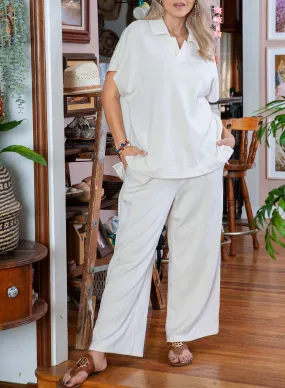 Plus Size Textured Collared Top and Pants Set