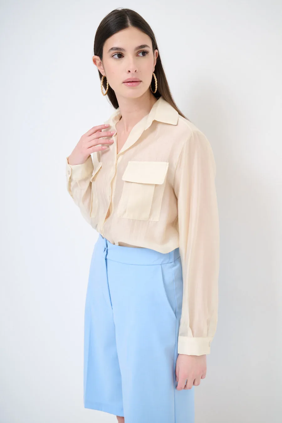 Sheer button-up blouse with pockets wholesale