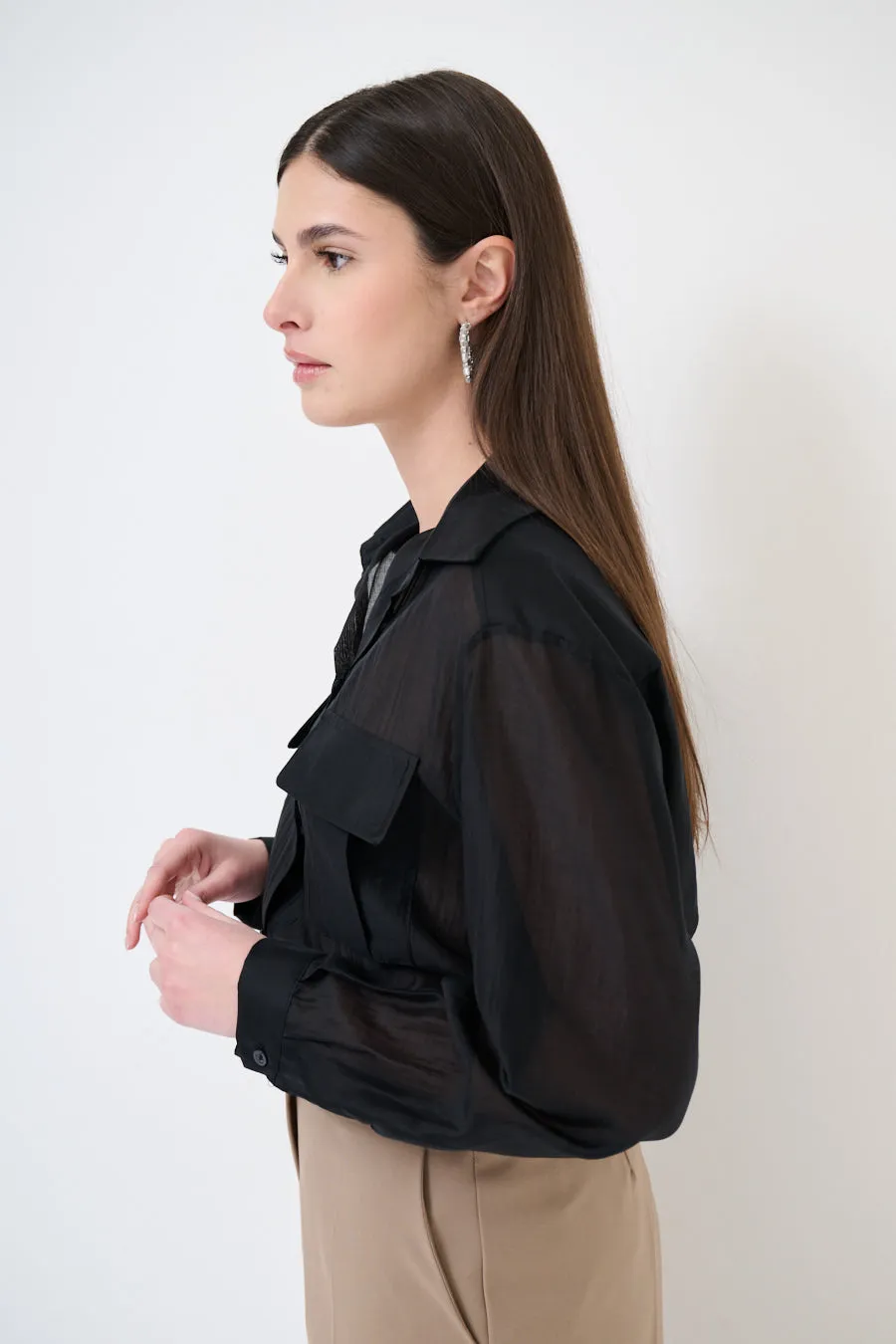 Sheer button-up blouse with pockets wholesale