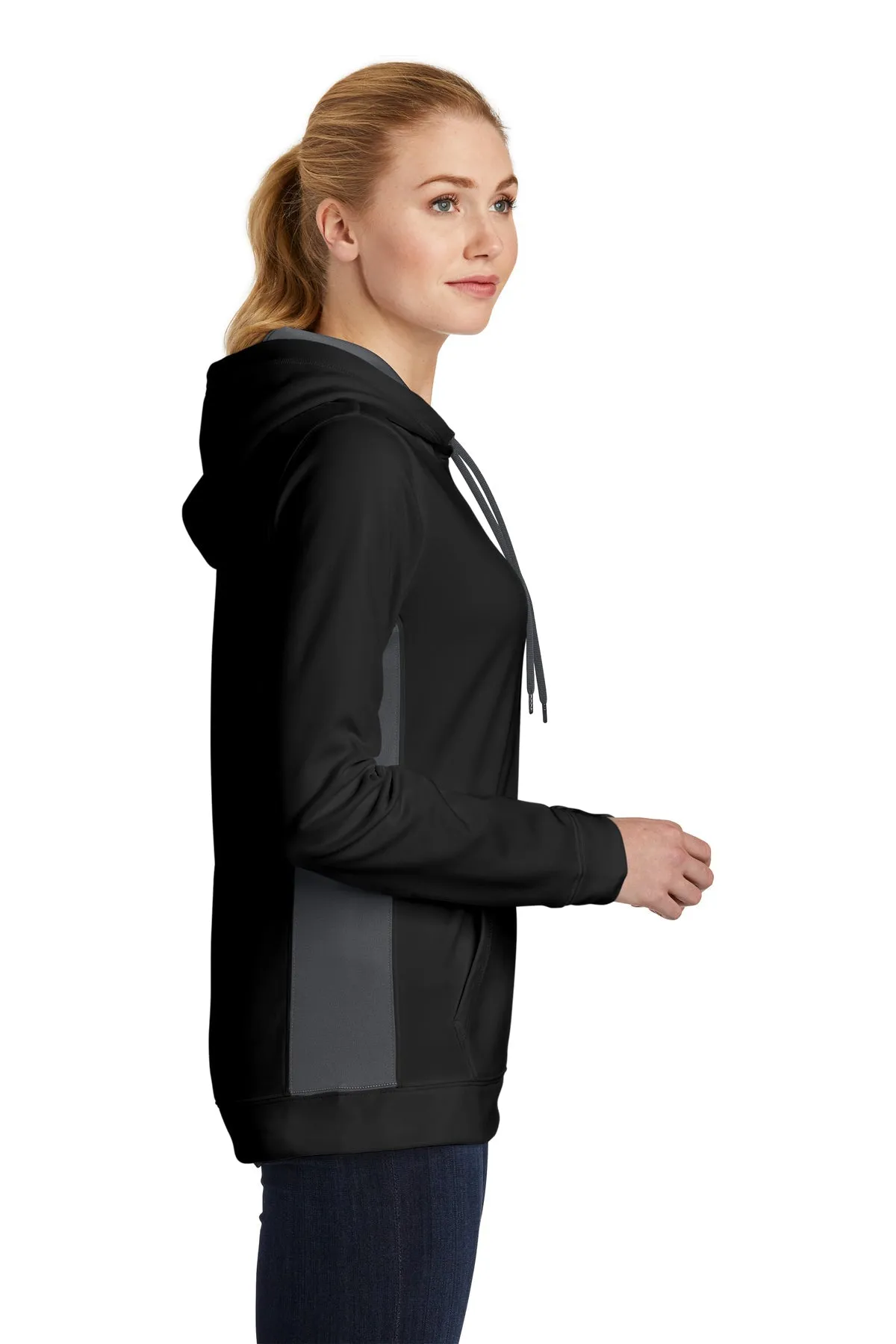 Sport-Tek Ladies Sport-Wick Fleece Colorblock Customized Hooded Pullovers, Black/ Dark Smoke Grey