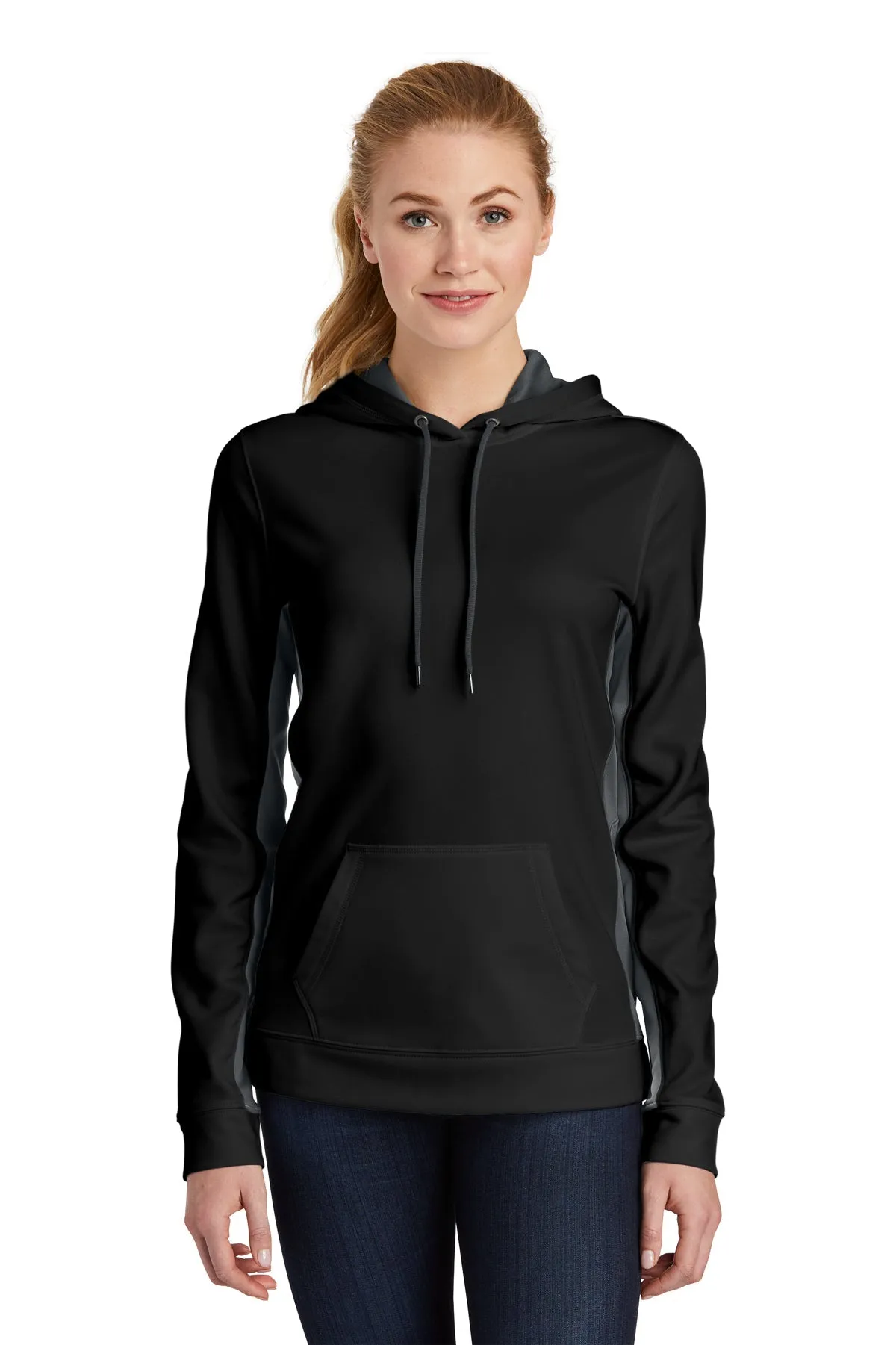 Sport-Tek Ladies Sport-Wick Fleece Colorblock Customized Hooded Pullovers, Black/ Dark Smoke Grey