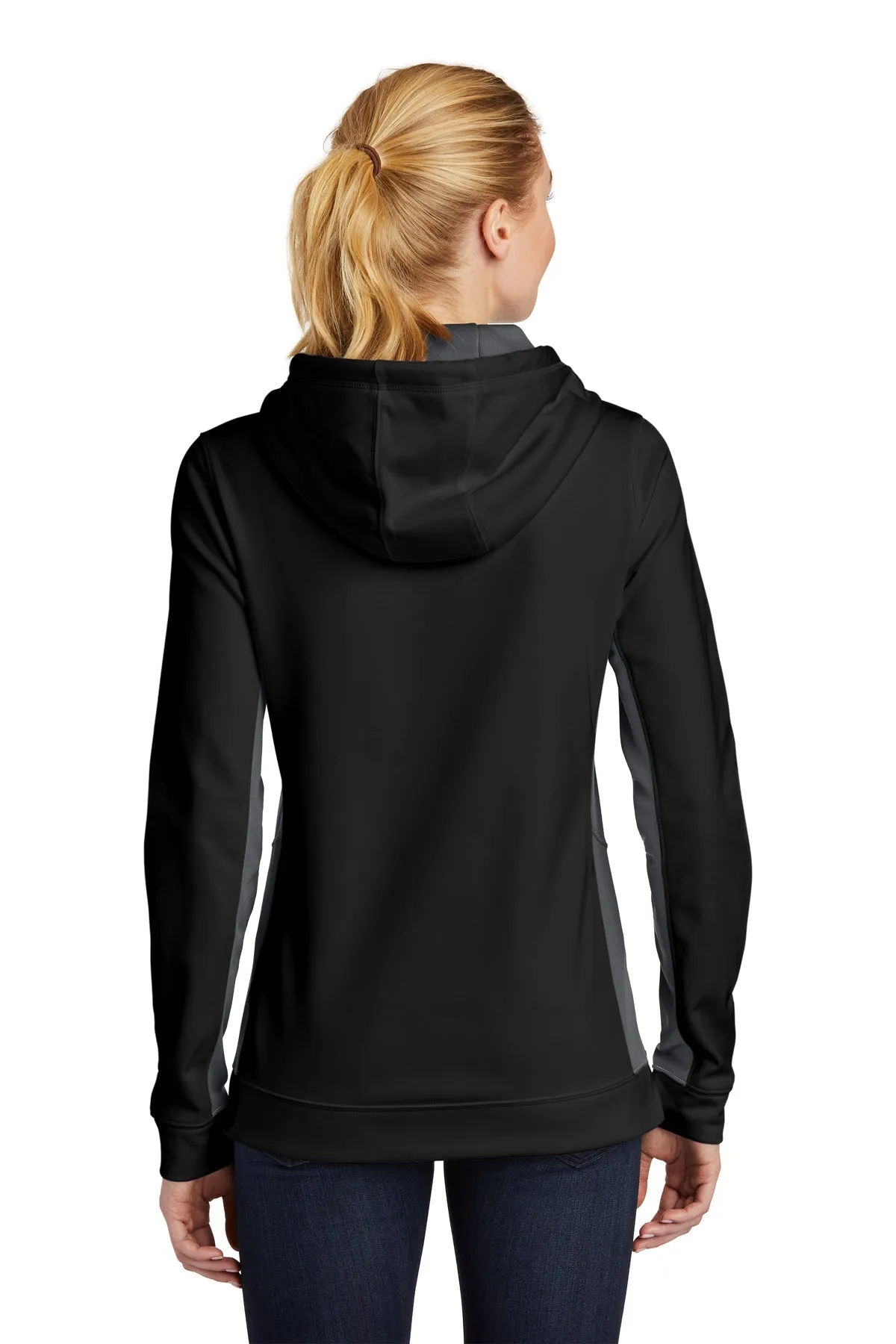 Sport-Tek Ladies Sport-Wick Fleece Colorblock Customized Hooded Pullovers, Black/ Dark Smoke Grey