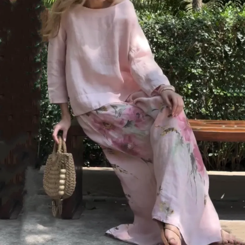 Spring SpecialsSolid Tops  Floral Wide-Leg Pants (2-Piece Set)