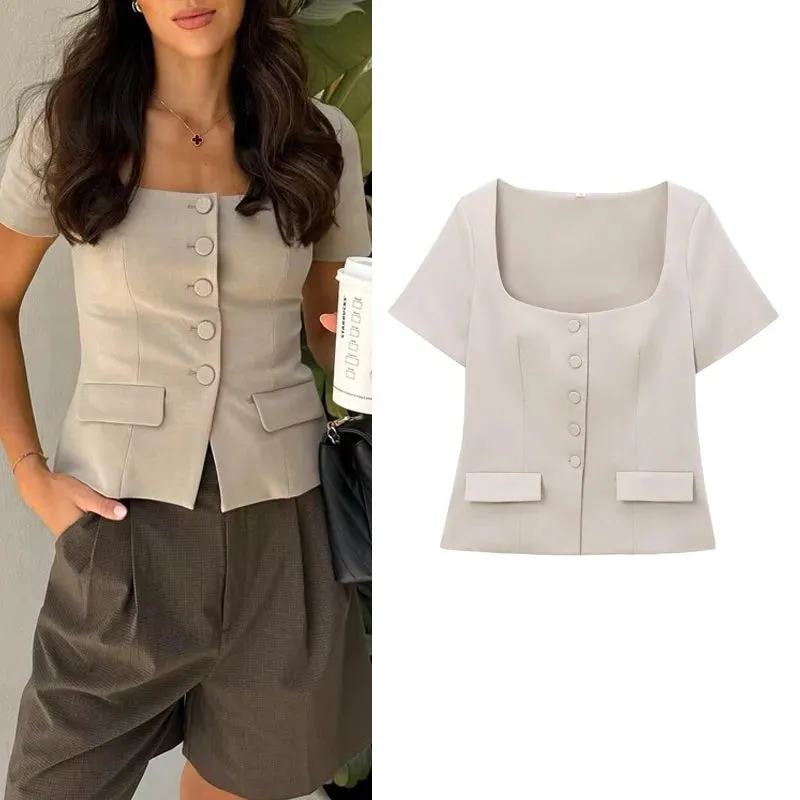 Structured Business Blouse Short-Sleeved Top for Office