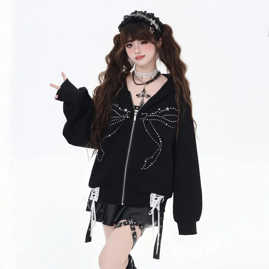 Sweet Cool Girl Style Black Bow Rhinestone Hooded Sweatshirt