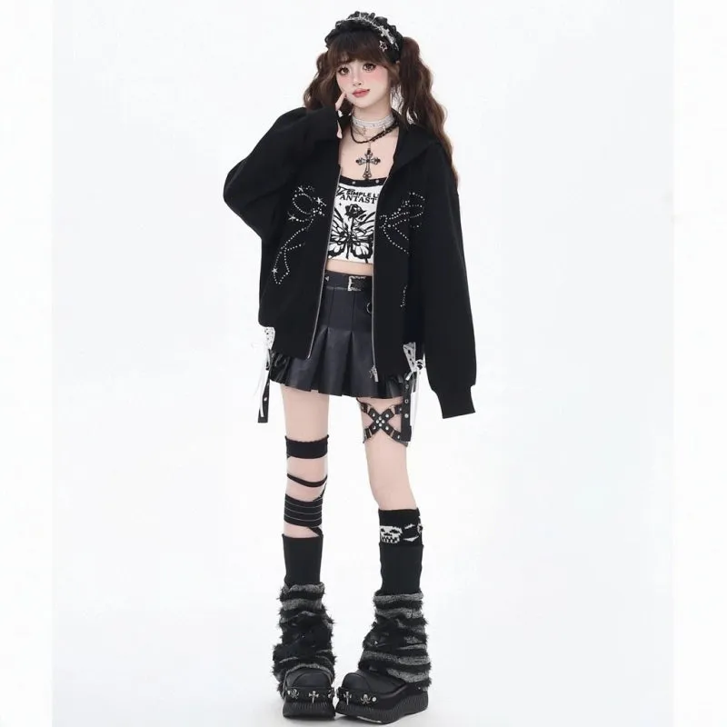 Sweet Cool Girl Style Black Bow Rhinestone Hooded Sweatshirt