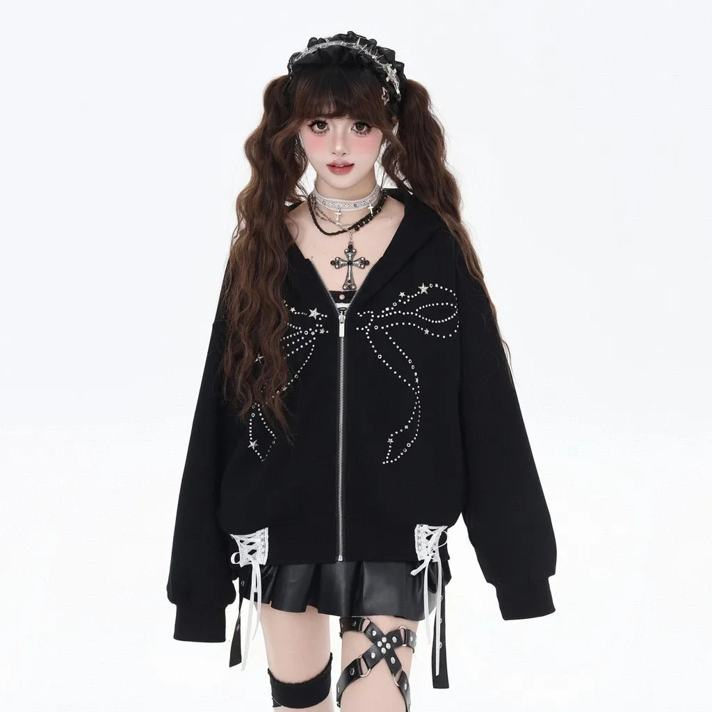 Sweet Cool Girl Style Black Bow Rhinestone Hooded Sweatshirt