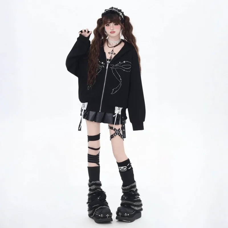 Sweet Cool Girl Style Black Bow Rhinestone Hooded Sweatshirt