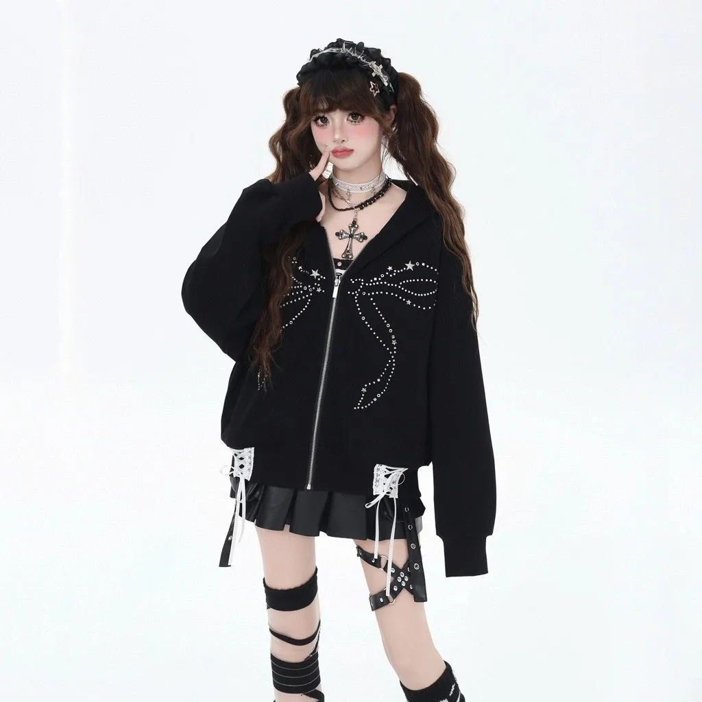 Sweet Cool Girl Style Black Bow Rhinestone Hooded Sweatshirt