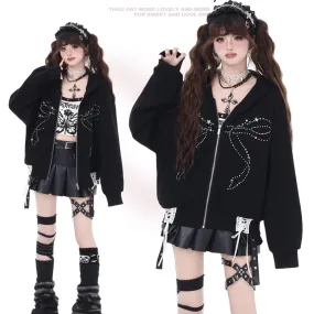 Sweet Cool Girl Style Black Bow Rhinestone Hooded Sweatshirt