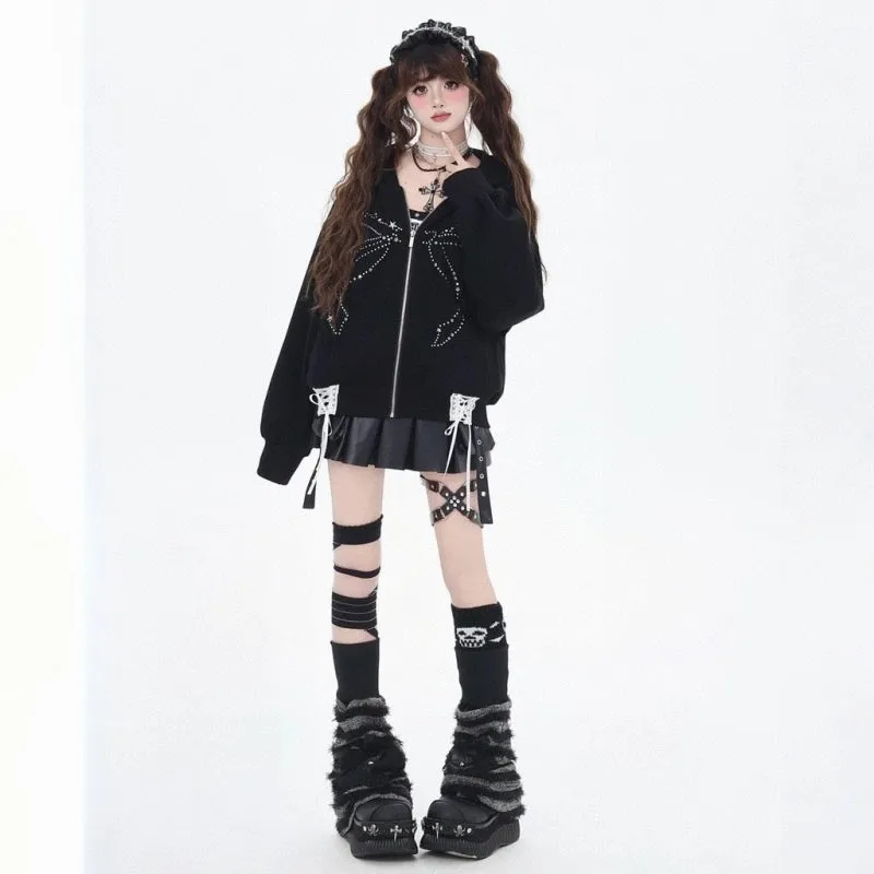 Sweet Cool Girl Style Black Bow Rhinestone Hooded Sweatshirt
