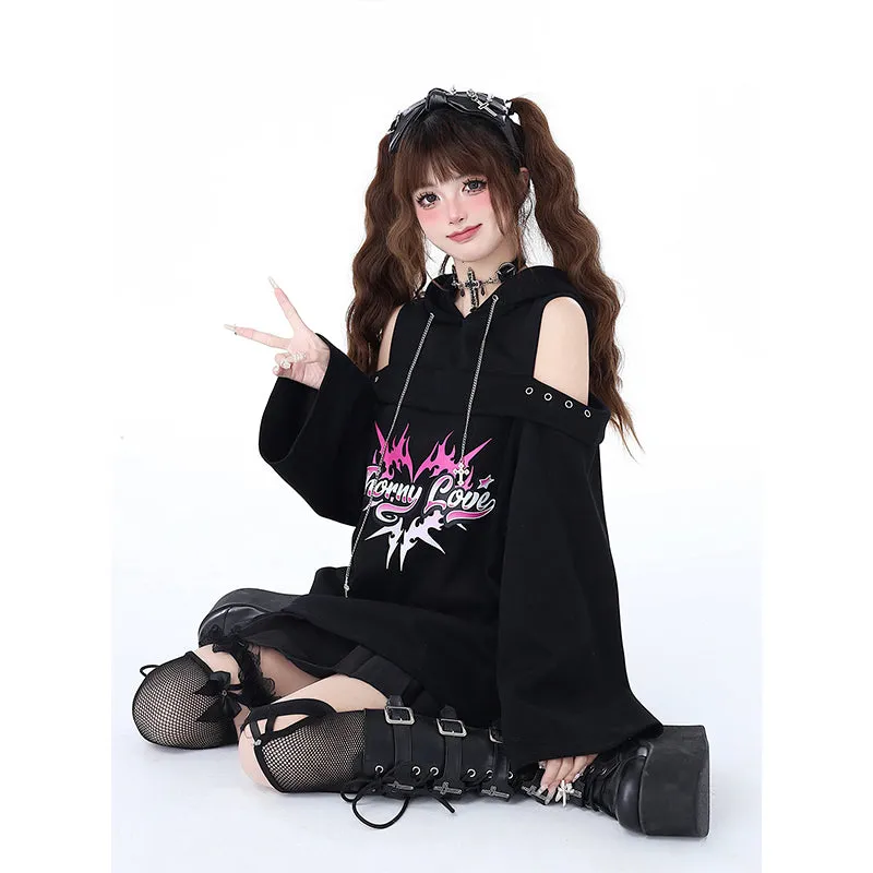 Sweet Punk Style Black Off-shoulder Hooded Sweatshirt