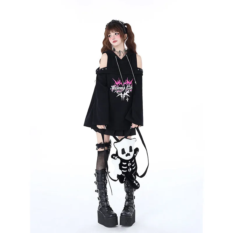Sweet Punk Style Black Off-shoulder Hooded Sweatshirt