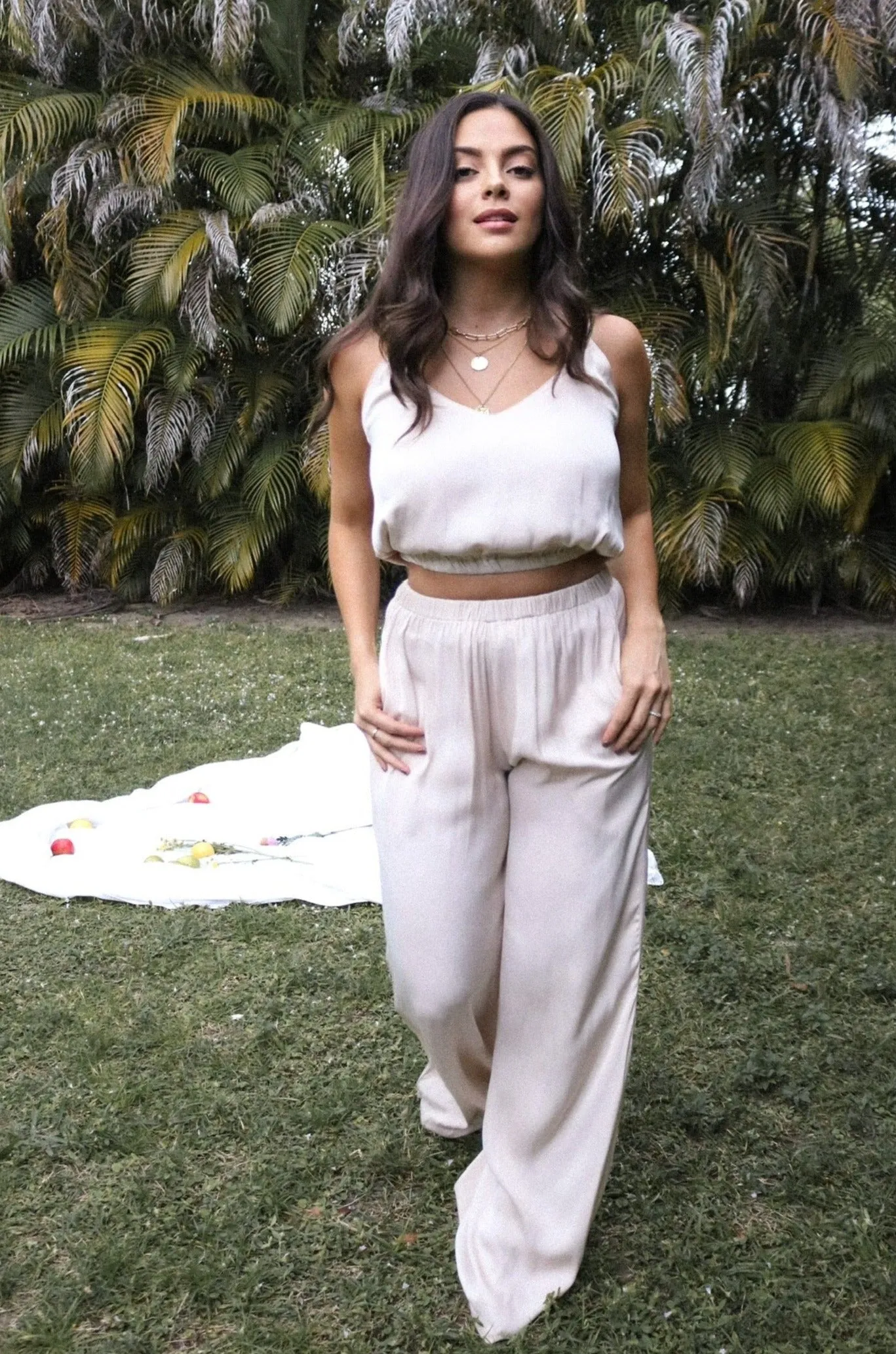 'Sydney' Satin Cami Wide Leg Pant Set in Beige