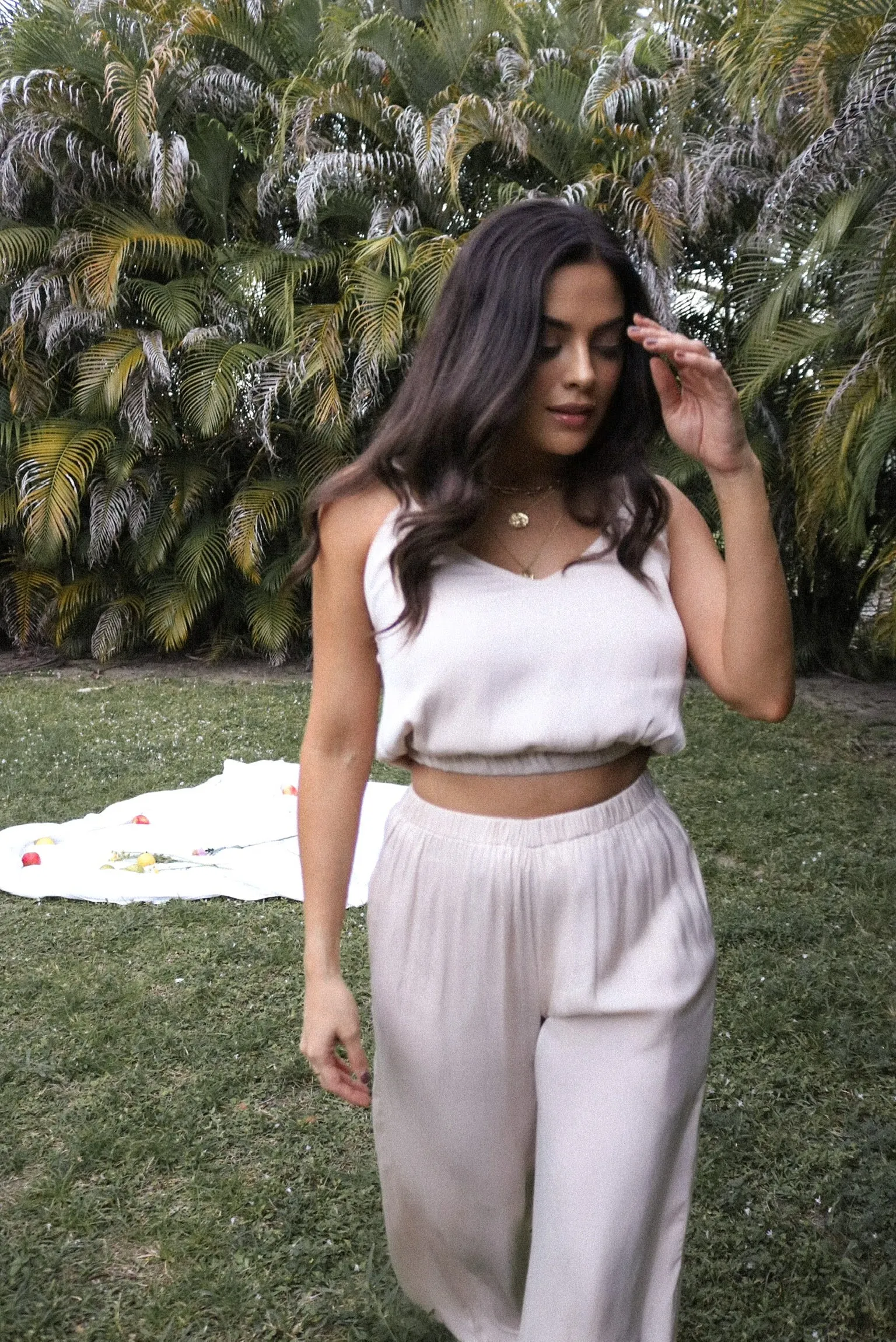 'Sydney' Satin Cami Wide Leg Pant Set in Beige