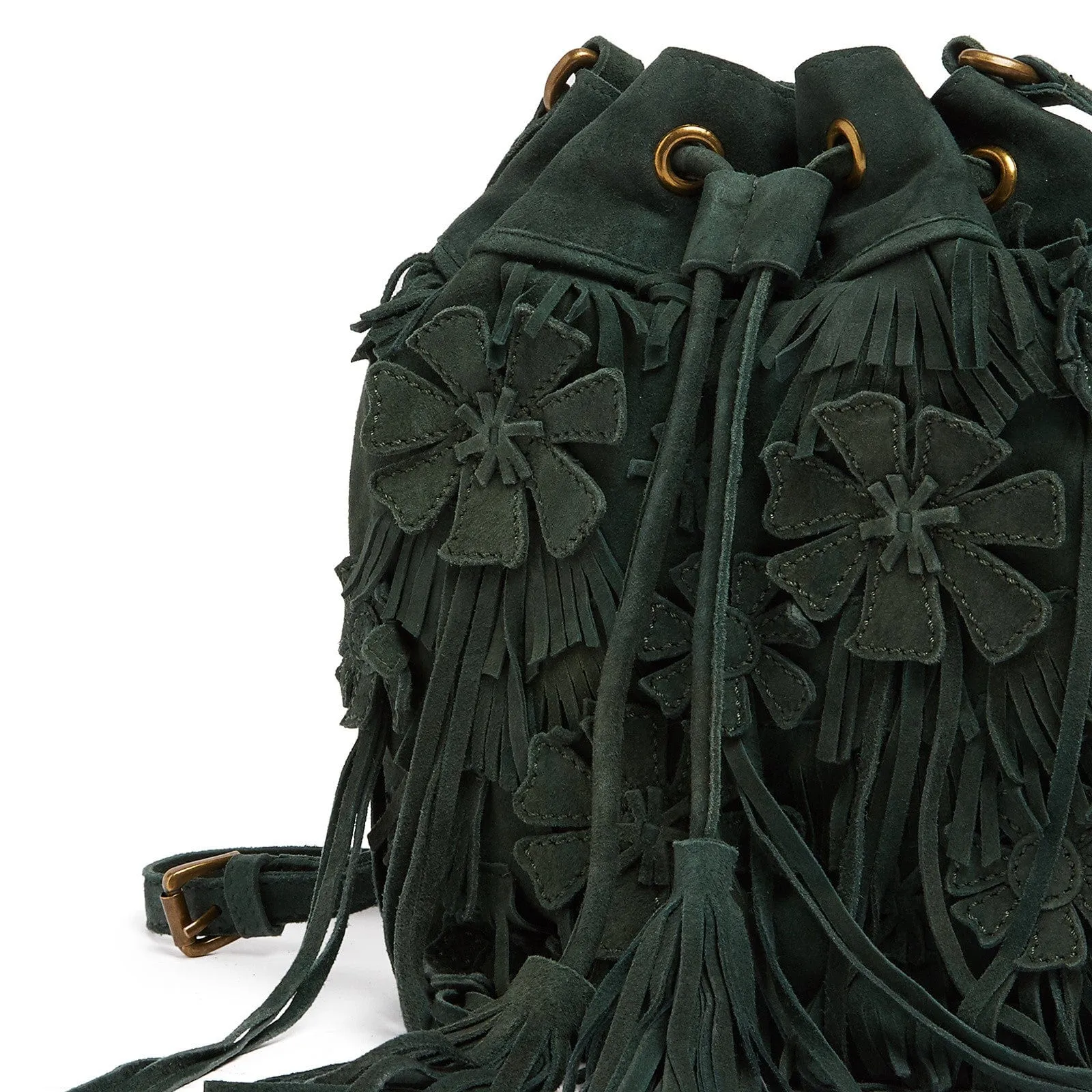 Tosca Blu Green Medium Floral Applique Frindge Bucket Bag