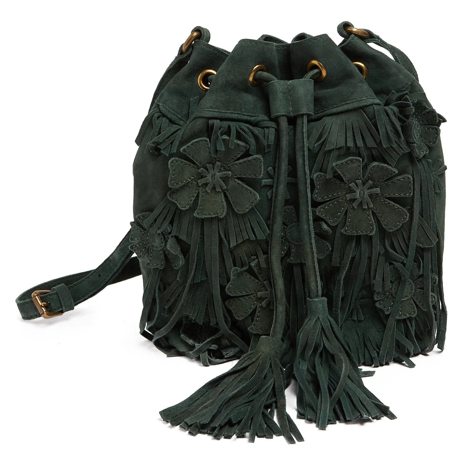 Tosca Blu Green Medium Floral Applique Frindge Bucket Bag