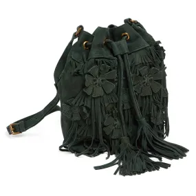 Tosca Blu Green Medium Floral Applique Frindge Bucket Bag