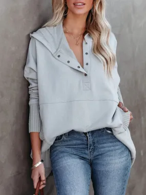 UAKISS  -  Autumn Women Casual Hooded Button Blouse Female Elegant Solid Patchwrok Pocket Loose Tops Streetwear Long Sleeve Femme Pullovers