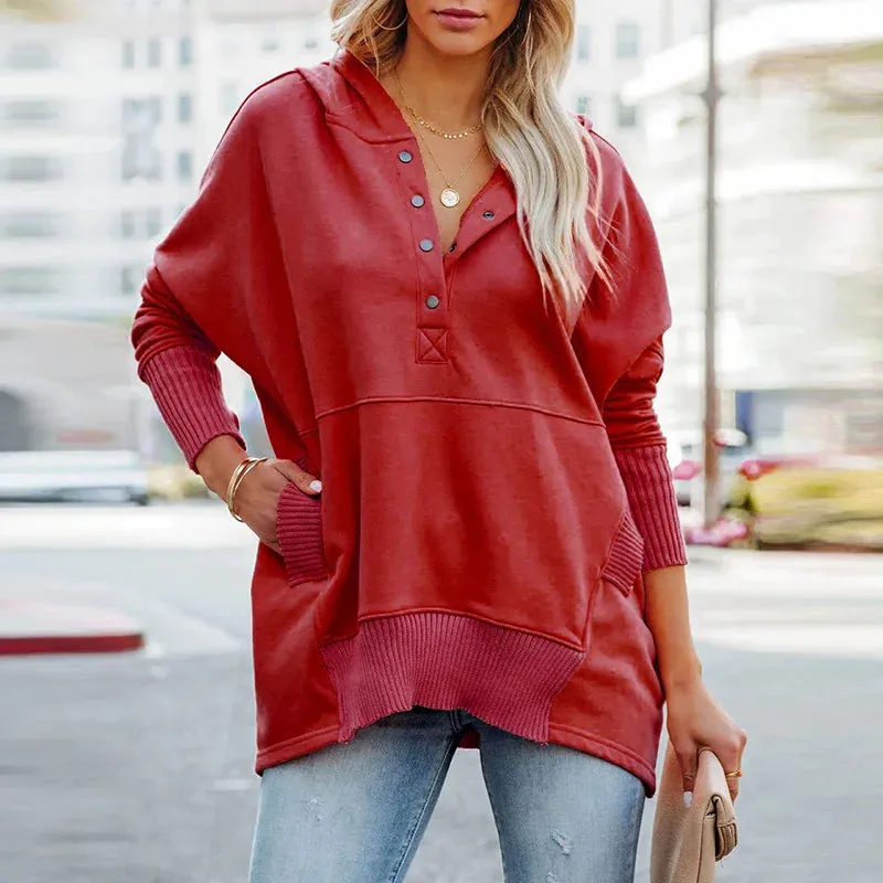 UAKISS  -  Autumn Women Casual Hooded Button Blouse Female Elegant Solid Patchwrok Pocket Loose Tops Streetwear Long Sleeve Femme Pullovers