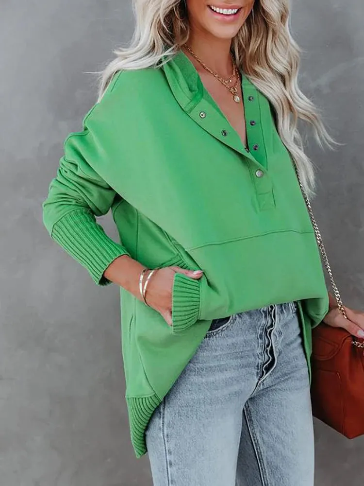 UAKISS  -  Autumn Women Casual Hooded Button Blouse Female Elegant Solid Patchwrok Pocket Loose Tops Streetwear Long Sleeve Femme Pullovers