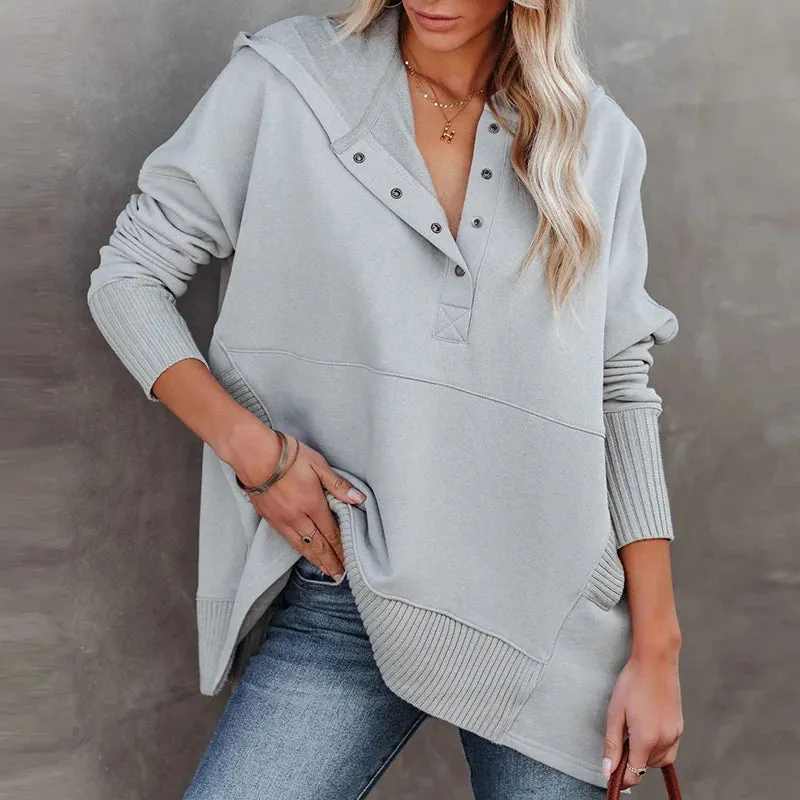 UAKISS  -  Autumn Women Casual Hooded Button Blouse Female Elegant Solid Patchwrok Pocket Loose Tops Streetwear Long Sleeve Femme Pullovers