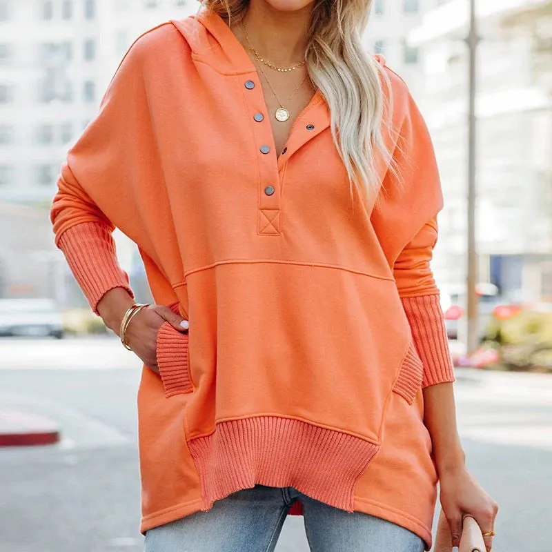 UAKISS  -  Autumn Women Casual Hooded Button Blouse Female Elegant Solid Patchwrok Pocket Loose Tops Streetwear Long Sleeve Femme Pullovers